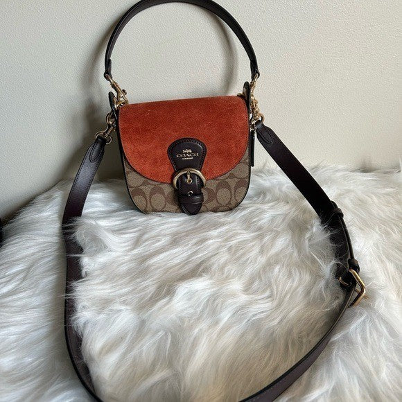 Coach Kleo Hobo Brown Rust Signature Canvas Suede Shoulder Bag Excellent1