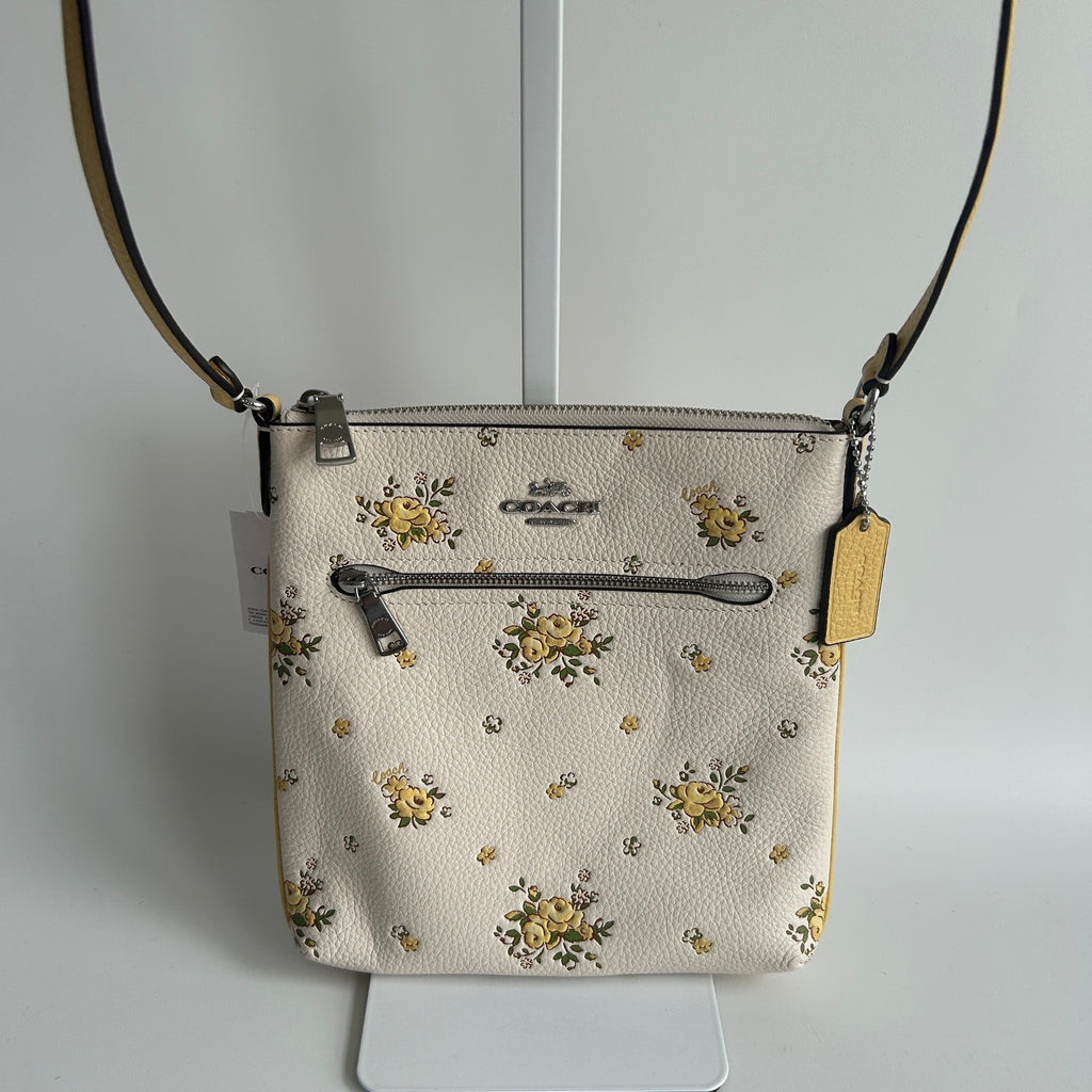 Coach Mini Rowan File Bag Chalk White Floral Pebbled Leather Crossbody NWT0
