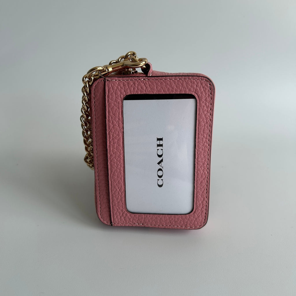 Coach Zip Card Case Peony Pink Pebbled Leather Wallet Gold Chain Strap NWT1