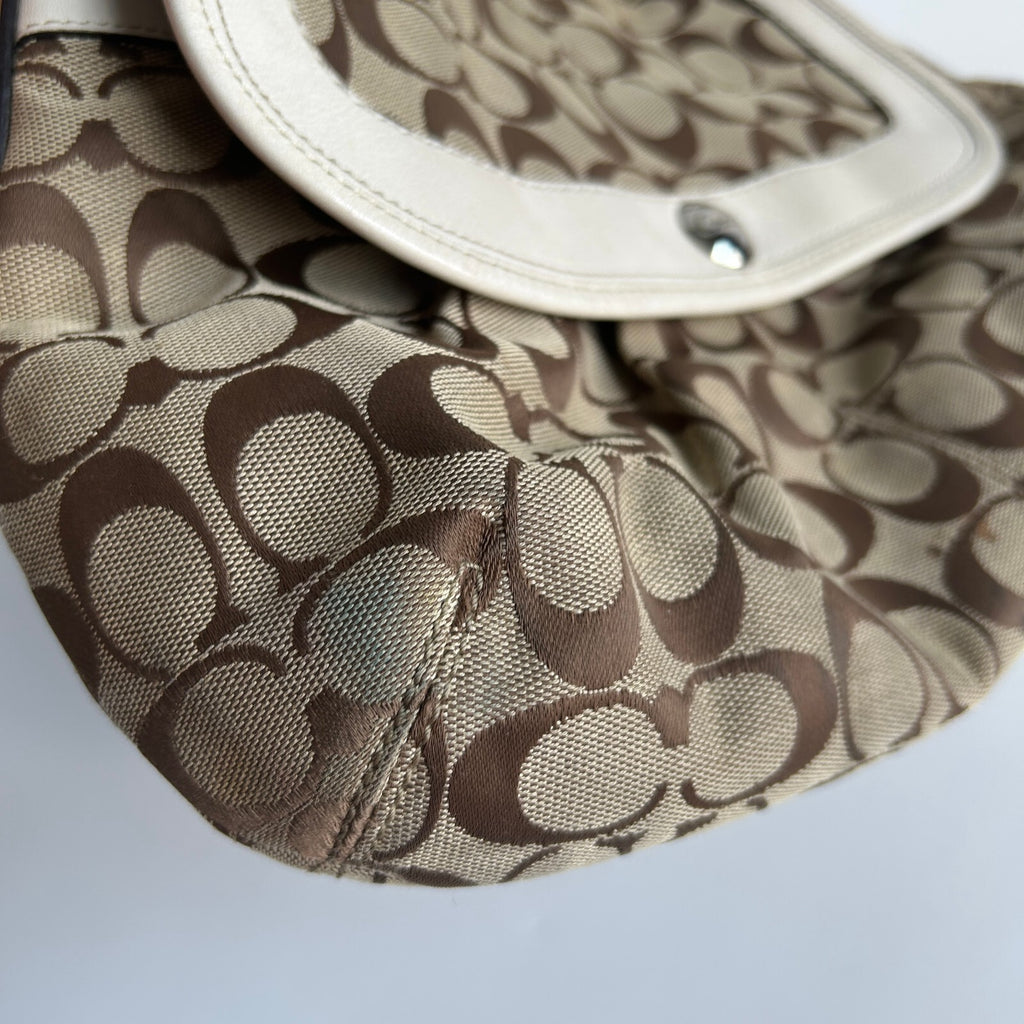 Coach Soho Signature Flap Shoulder Bag Khaki Canvas White Leather Trim3