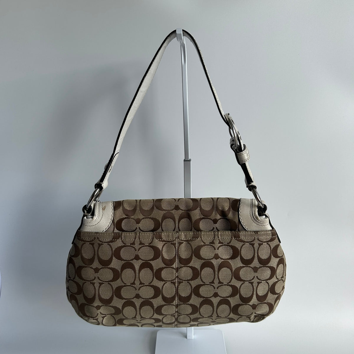 Coach Soho Signature Flap Shoulder Bag Khaki Canvas White Leather Trim1