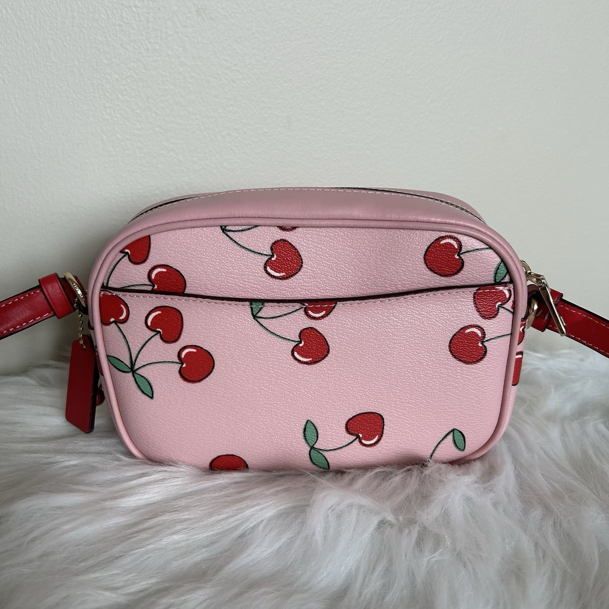 Coach Jamie Camera Bag Pink Cherry Print Pebbled Leather Crossbody Excellent1