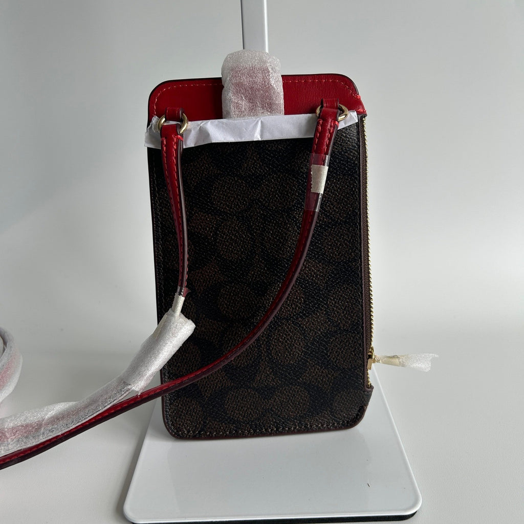 Coach North South Phone Crossbody Walnut Red Signature Canvas C68841