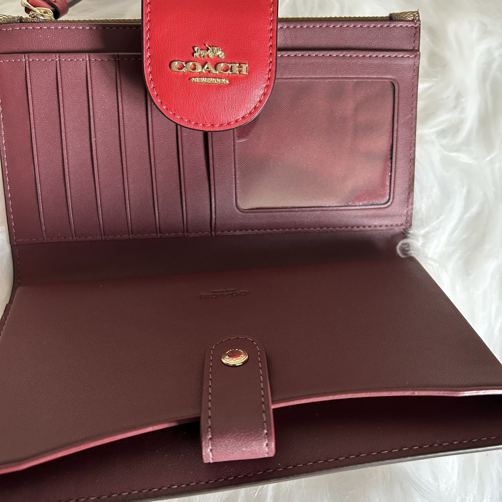 Coach Signature Canvas Red Leather Wristlet Wallet Excellent3