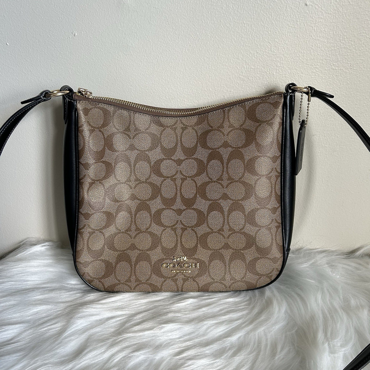 Coach File Bag Khaki Black Signature Canvas Leather Crossbody Excellent0