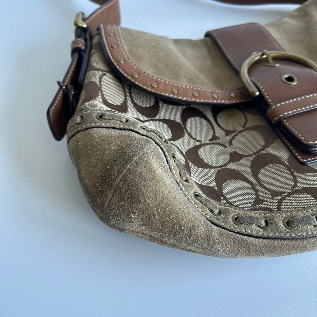 Coach Soho Signature Brown Canvas Suede Buckle Flap Shoulder Bag 9373 Good2