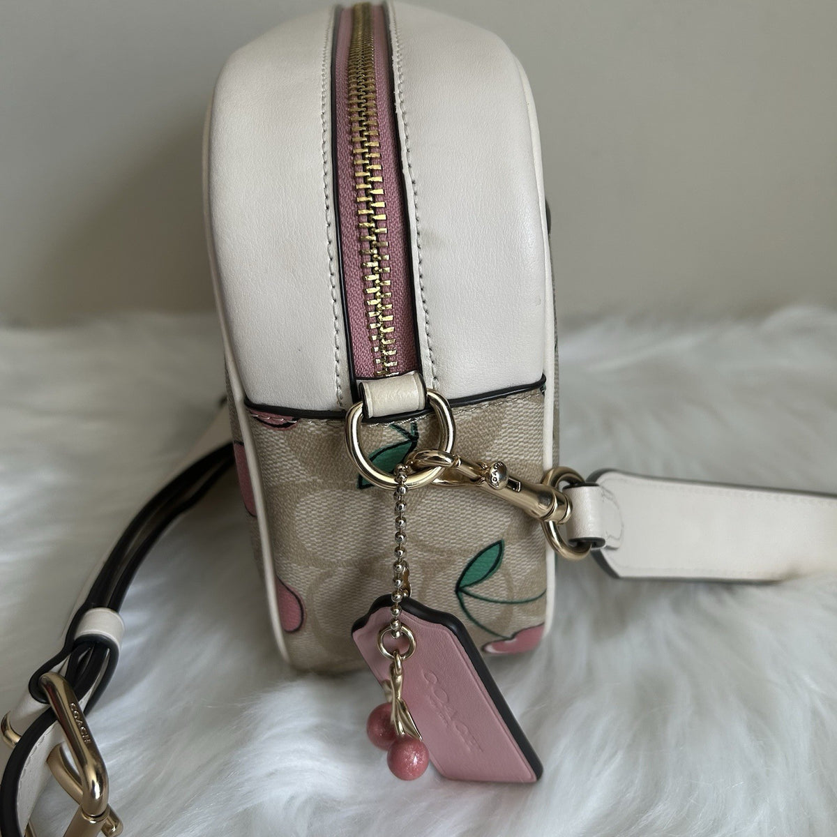 Coach Jamie Heart Cherry Chalk Signature Canvas Leather Camera Bag Excellent2