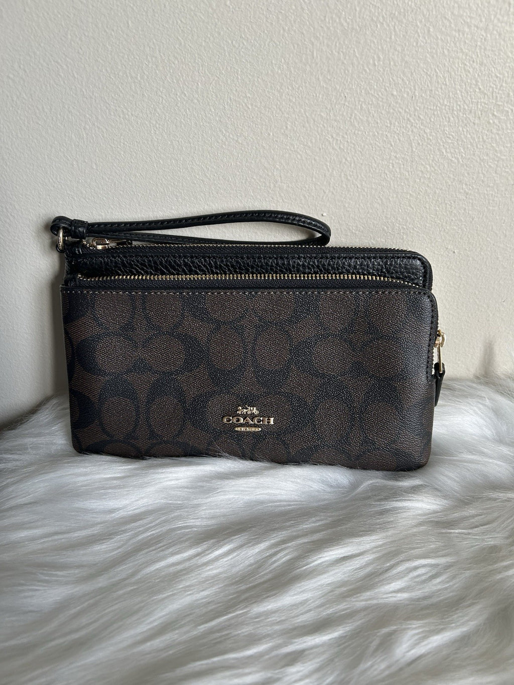 Coach Signature Double Zip Wallet Brown Black Canvas Leather New0