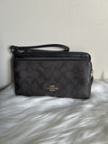 Coach Signature Double Zip Wallet Brown Black Canvas Leather New0