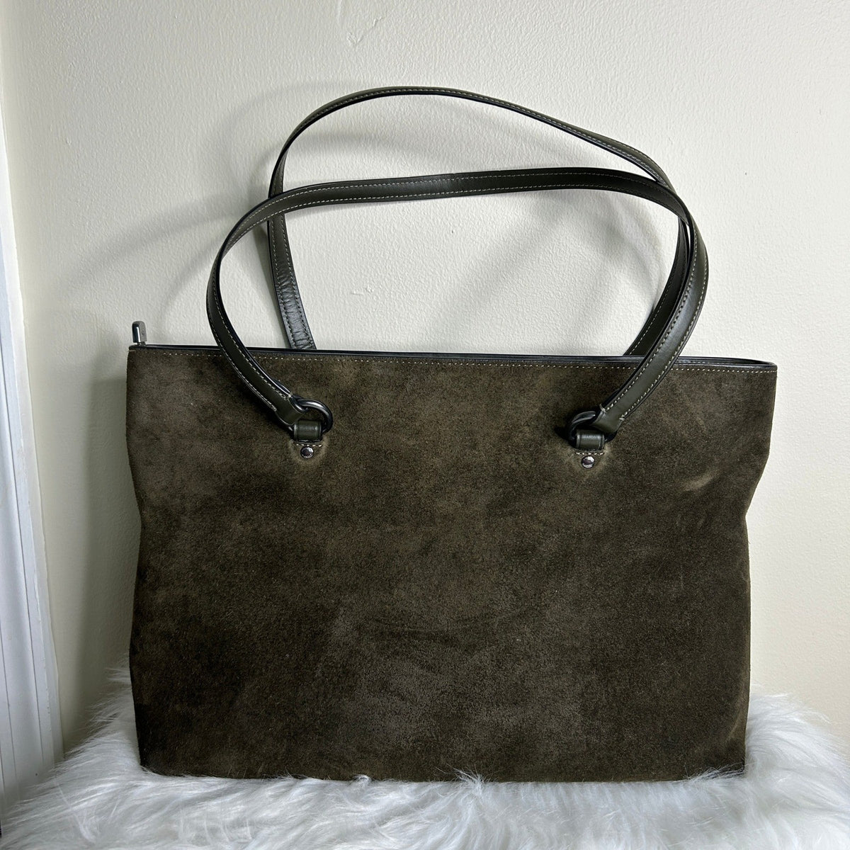 Coach Station Tote CCC77 Olive Green Suede Leather Shoulder Bag Good1