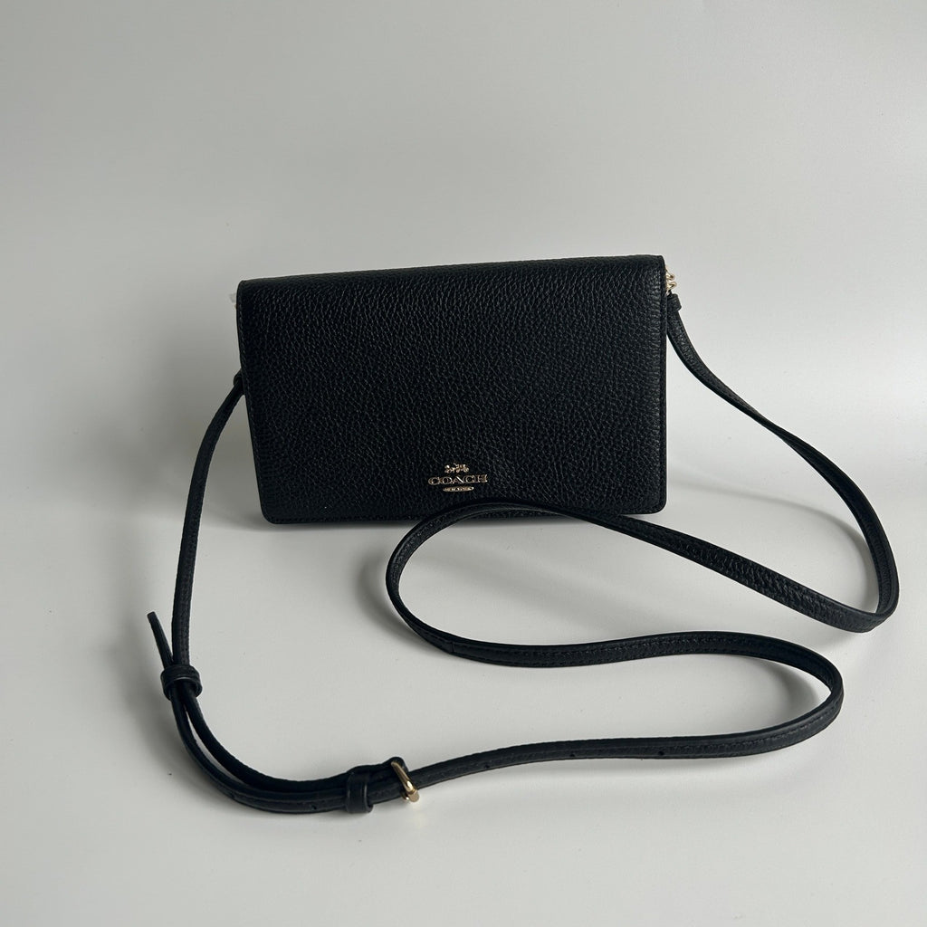 Coach Anna Foldover Clutch Black Pebbled Leather Crossbody Excellent1
