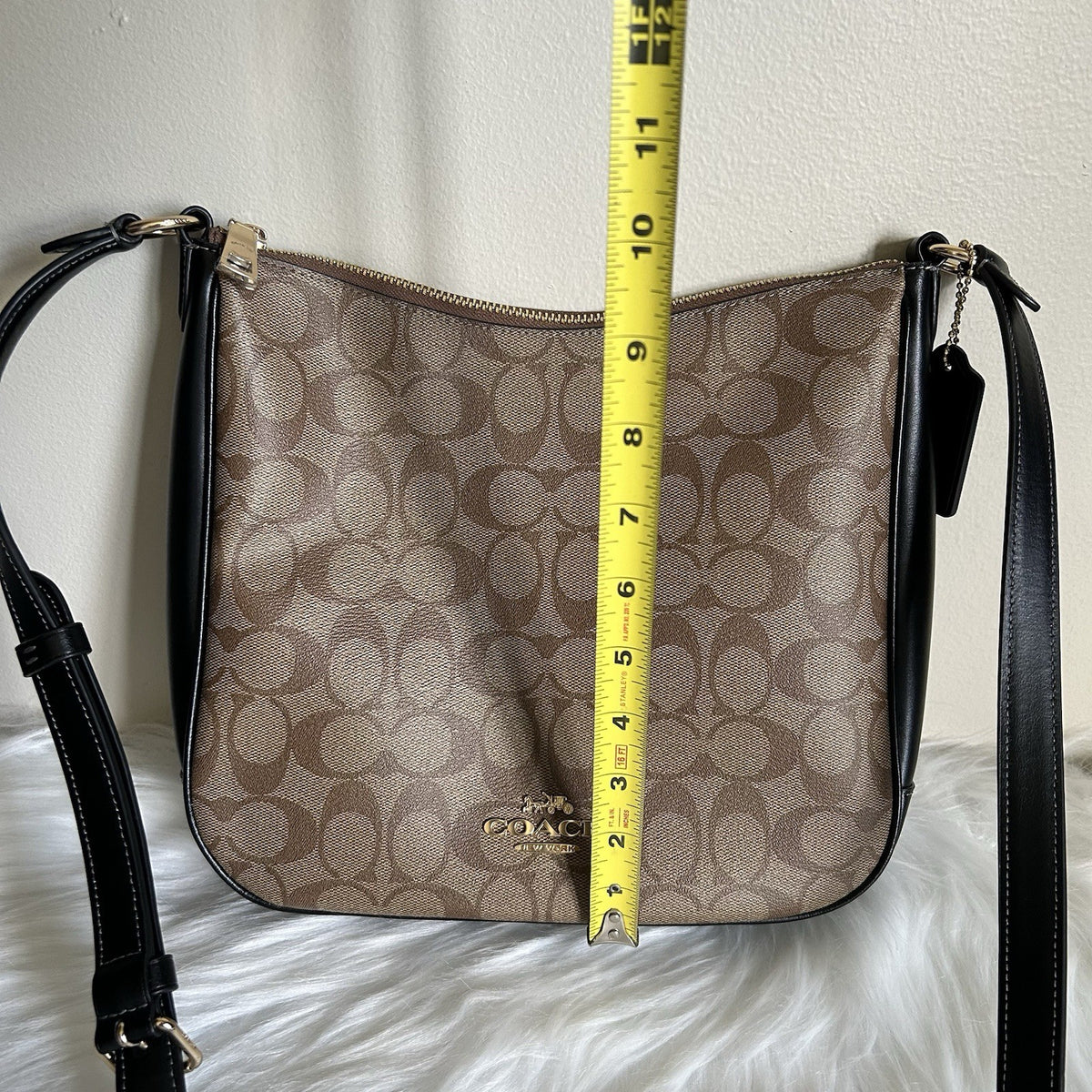 Coach File Bag Khaki Black Signature Canvas Leather Crossbody Excellent5