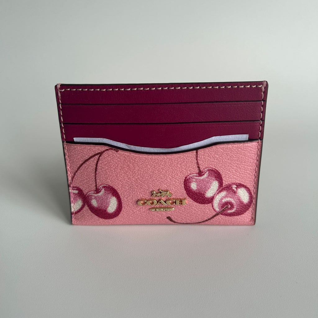 Coach Slim ID Card Case Flower Pink Cherry Print Leather CR840 New0