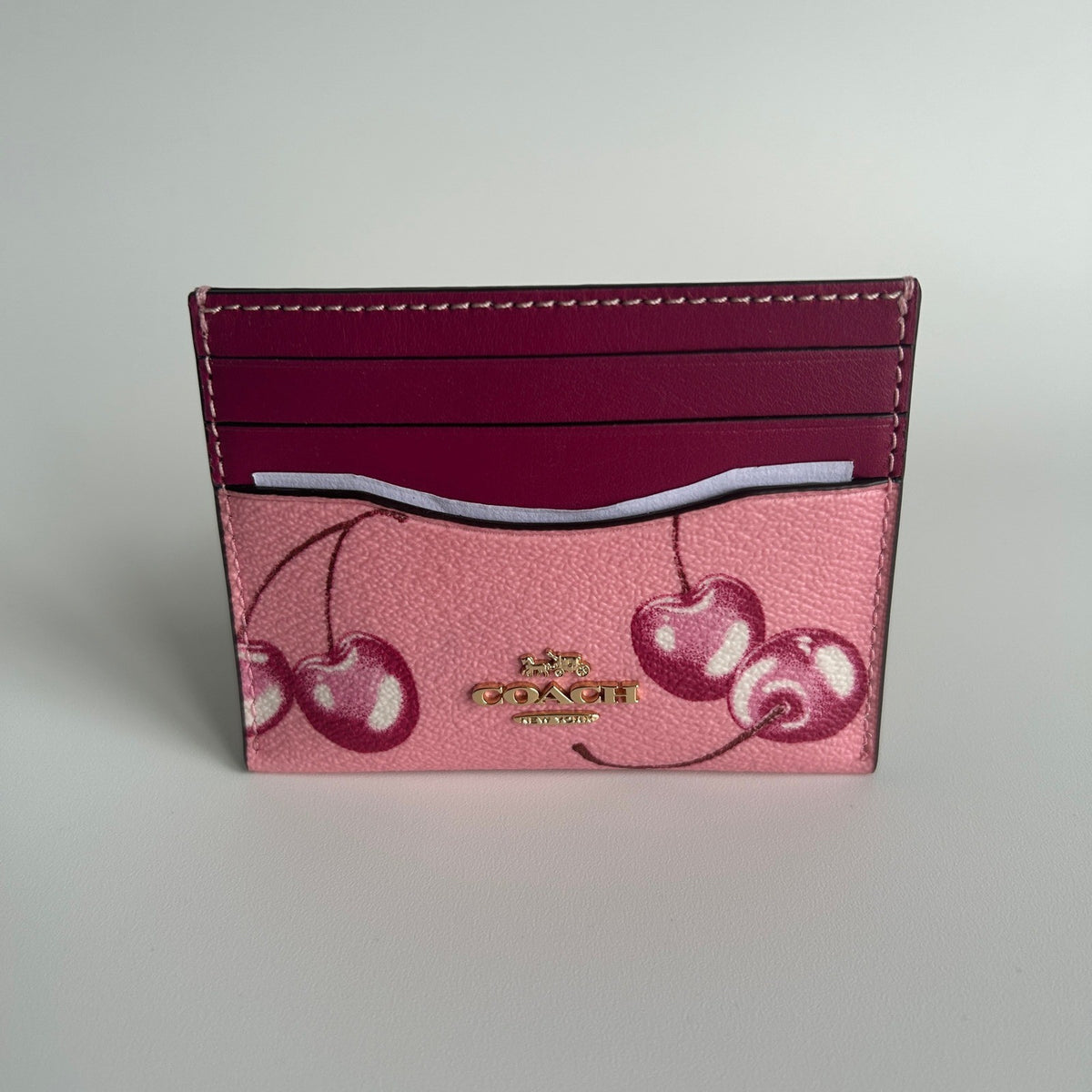 Coach Slim ID Card Case Flower Pink Cherry Print Leather CR840 New0