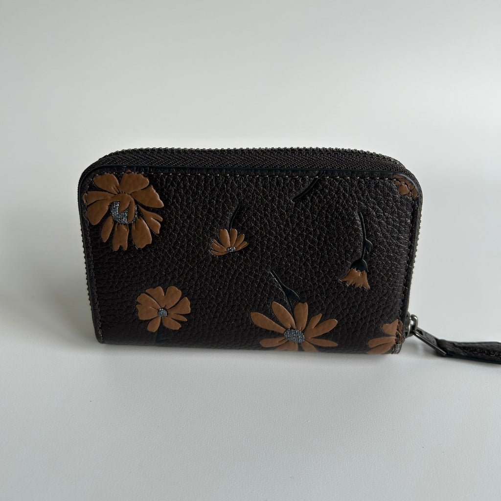 Coach Small Zip Around Wallet Black Floral Pebble Leather C05961
