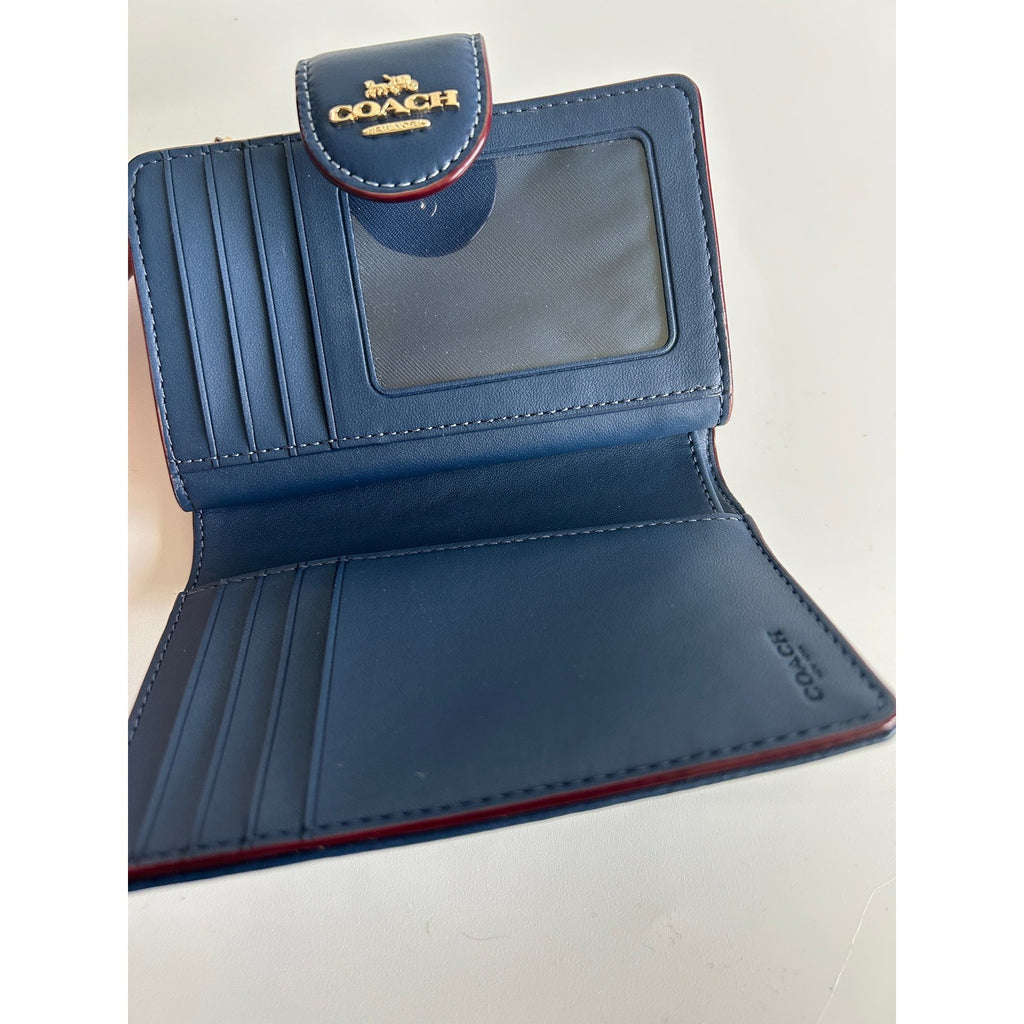 Coach Medium Corner Zip Wallet Navy Blue Signature Chambray Leather Excellent2