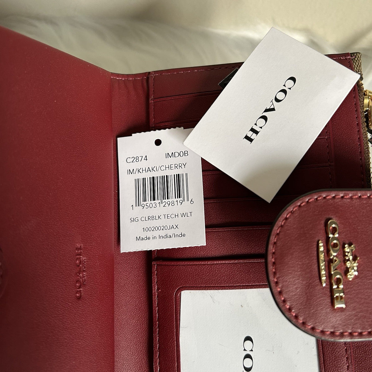 Coach Tech Wallet Khaki Cherry Signature Canvas Leather Wristlet Excellent3