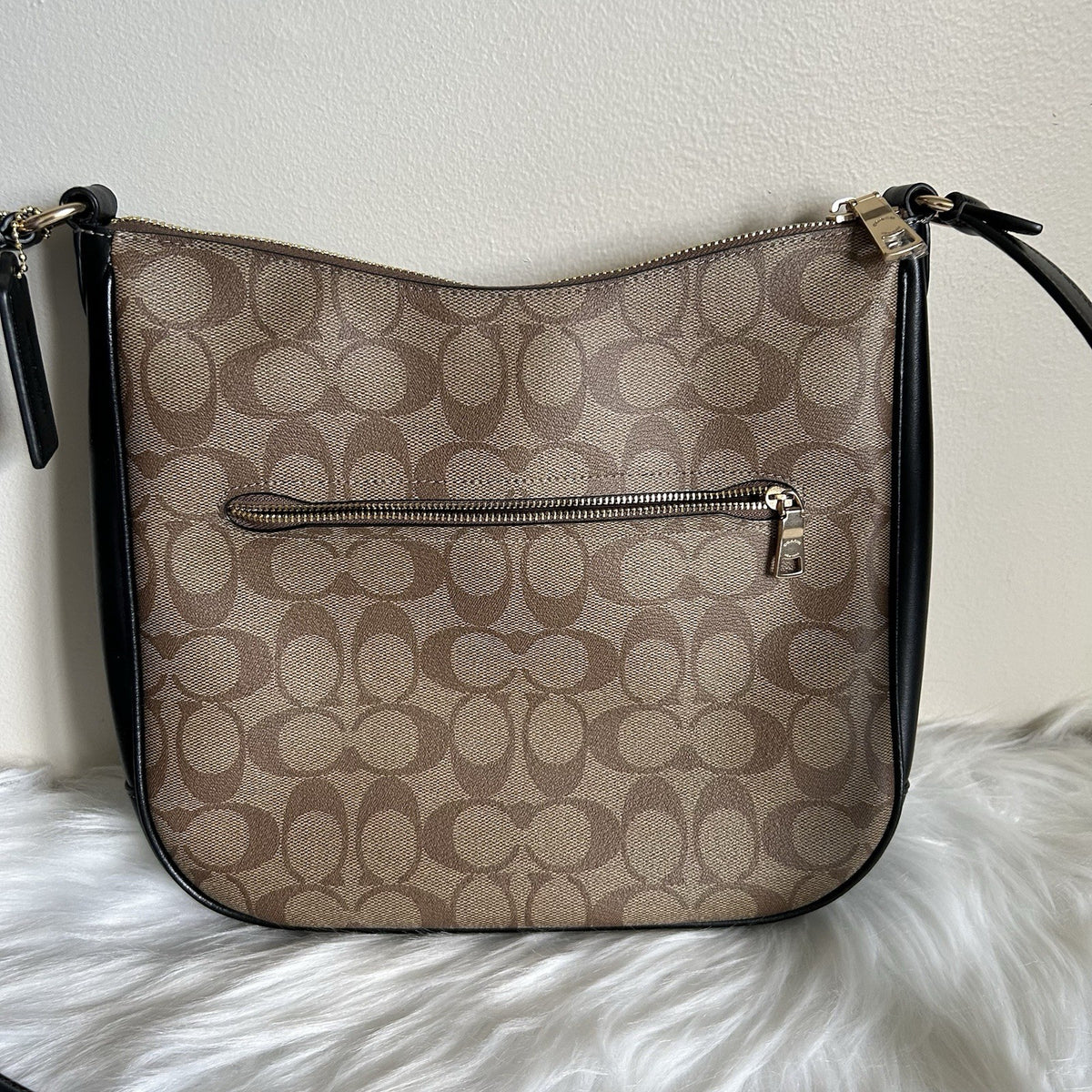 Coach File Bag Khaki Black Signature Canvas Leather Crossbody Excellent2