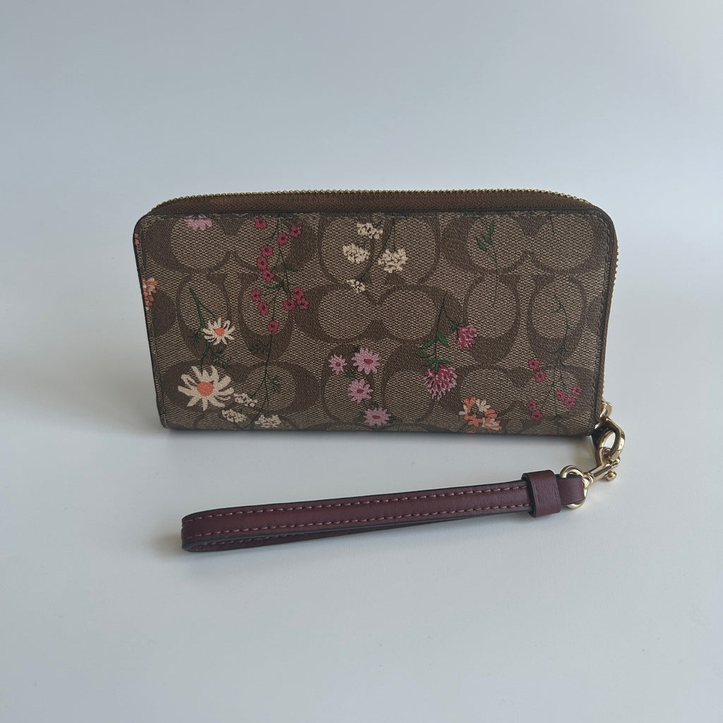 Coach Wildflower Signature Canvas Brown Leather Zip Around Wristlet Excellent1