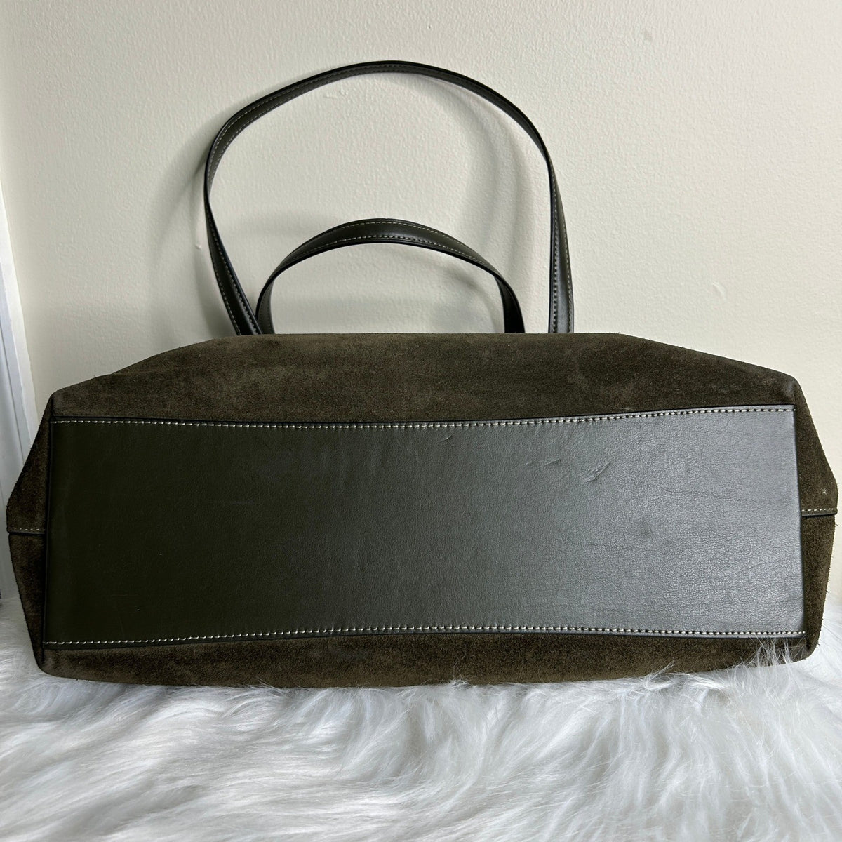 Coach Station Tote CCC77 Olive Green Suede Leather Shoulder Bag Good2