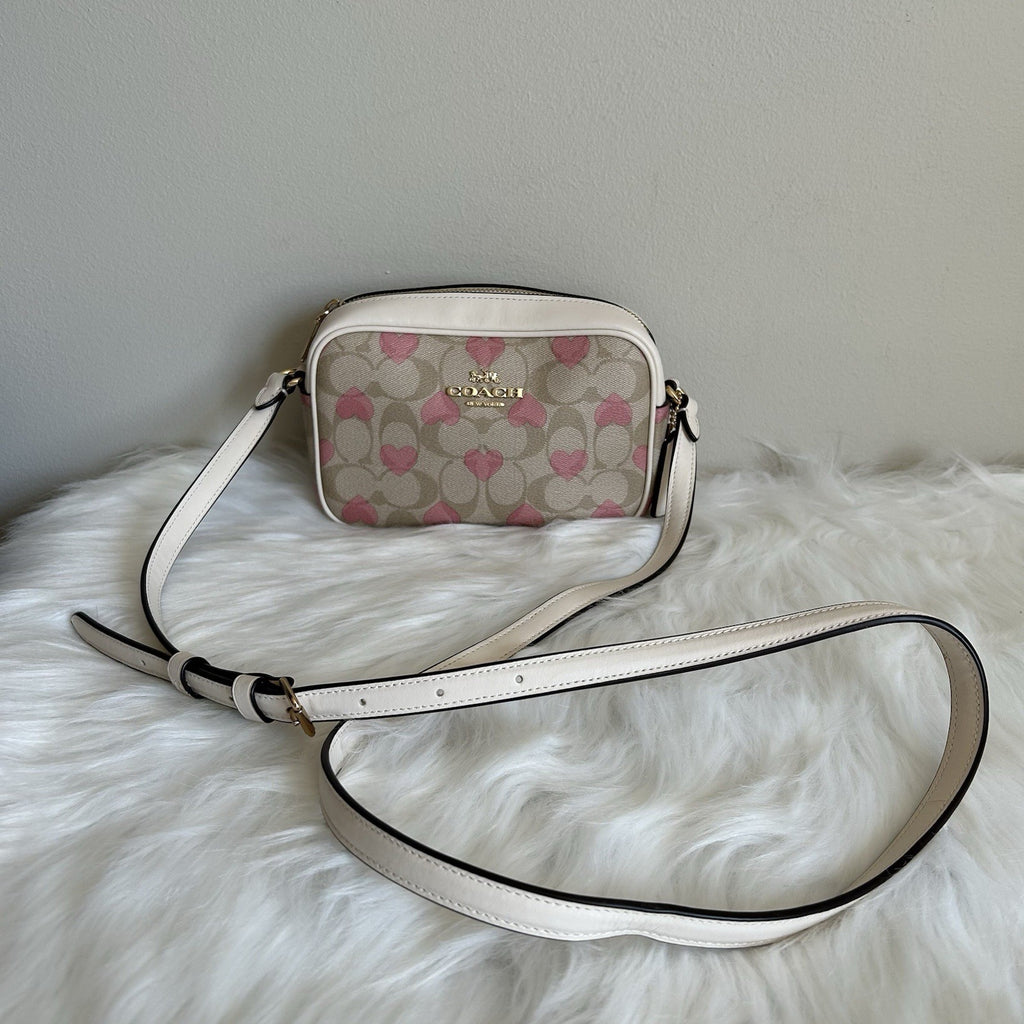 Coach Jamie Camera Bag Chalk Multi Signature Canvas Heart Crossbody Excellent1