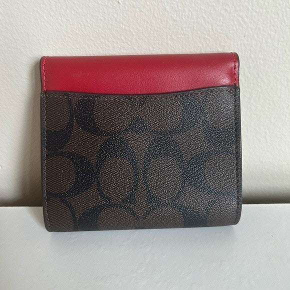 Coach Small Trifold Wallet Red Brown Signature Canvas Leather Excellent1