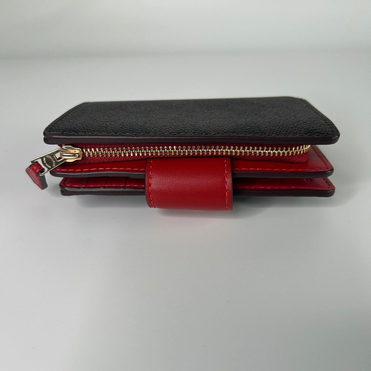 Coach Medium Corner Zip Wallet Walnut Bold Red Signature Canvas NEW3