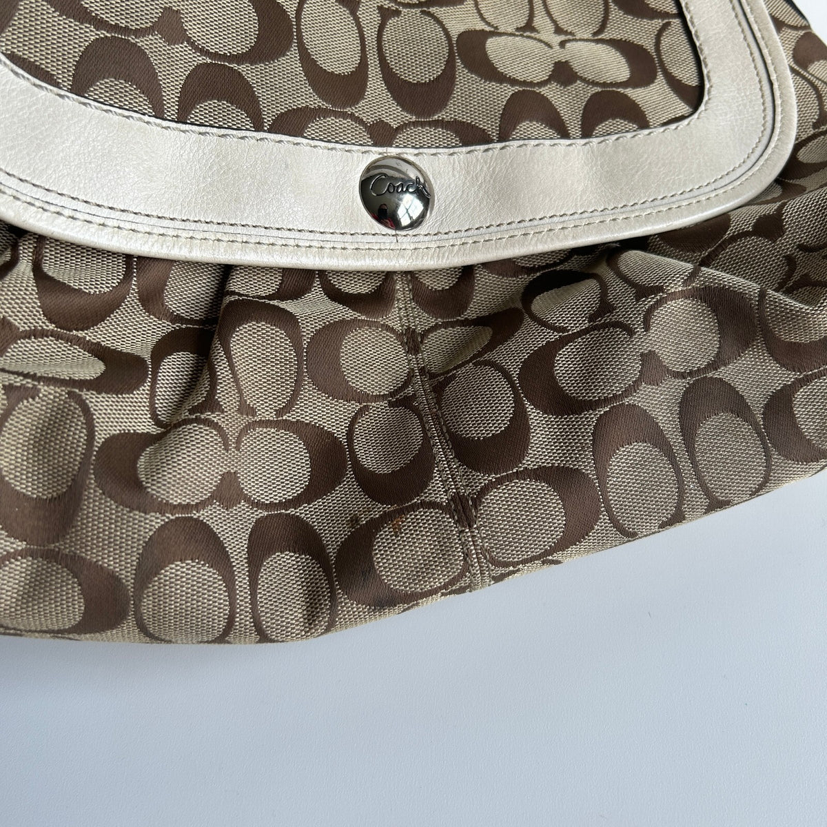 Coach Soho Signature Flap Shoulder Bag Khaki Canvas White Leather Trim4