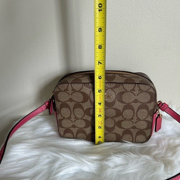 Coach Mini Jamie Camera Bag Brown Pink Signature Canvas Leather Crossbody C99385
