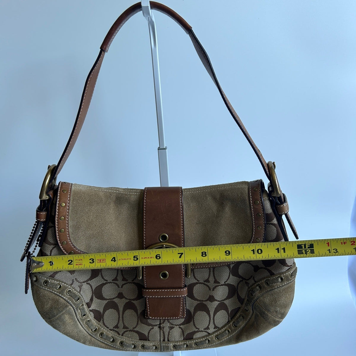 Coach Soho Signature Brown Canvas Suede Buckle Flap Shoulder Bag 9373 Good8