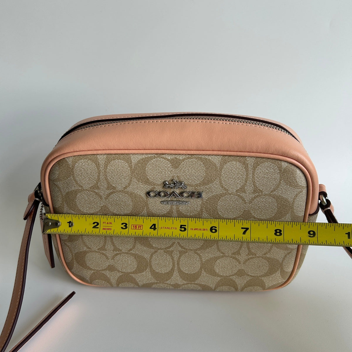 Coach Jamie Camera Bag Khaki Peach Signature Canvas Leather Crossbody Excellent4
