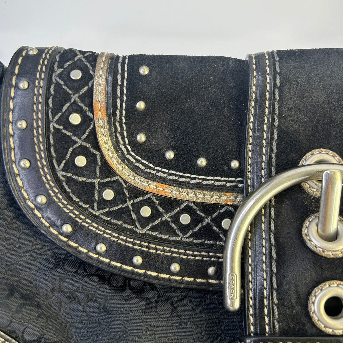 Coach Soho Studded Signature Flap Hobo Black Canvas Leather Bag F11517 Good7