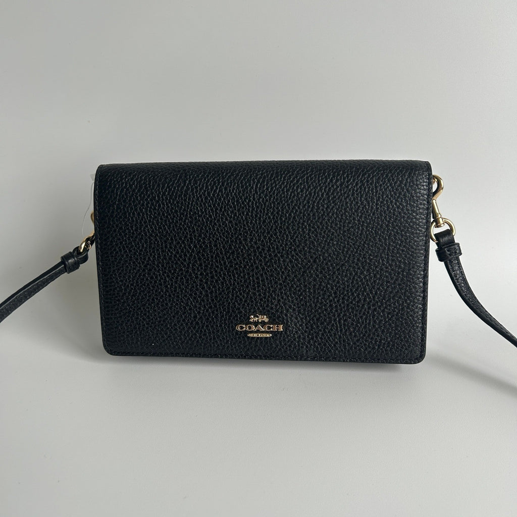 Coach Anna Foldover Clutch Black Pebbled Leather Crossbody Excellent0