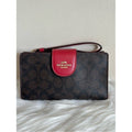 Coach Phone Wallet Brown Red Signature Canvas Leather Wristlet Excellent0