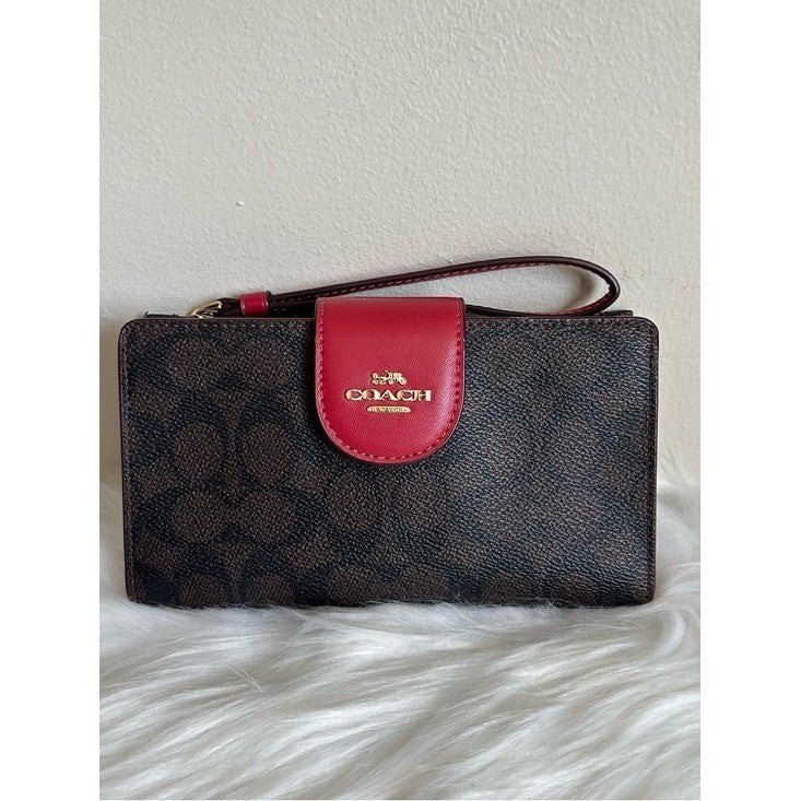 Coach Phone Wallet Brown Red Signature Canvas Leather Wristlet Excellent0