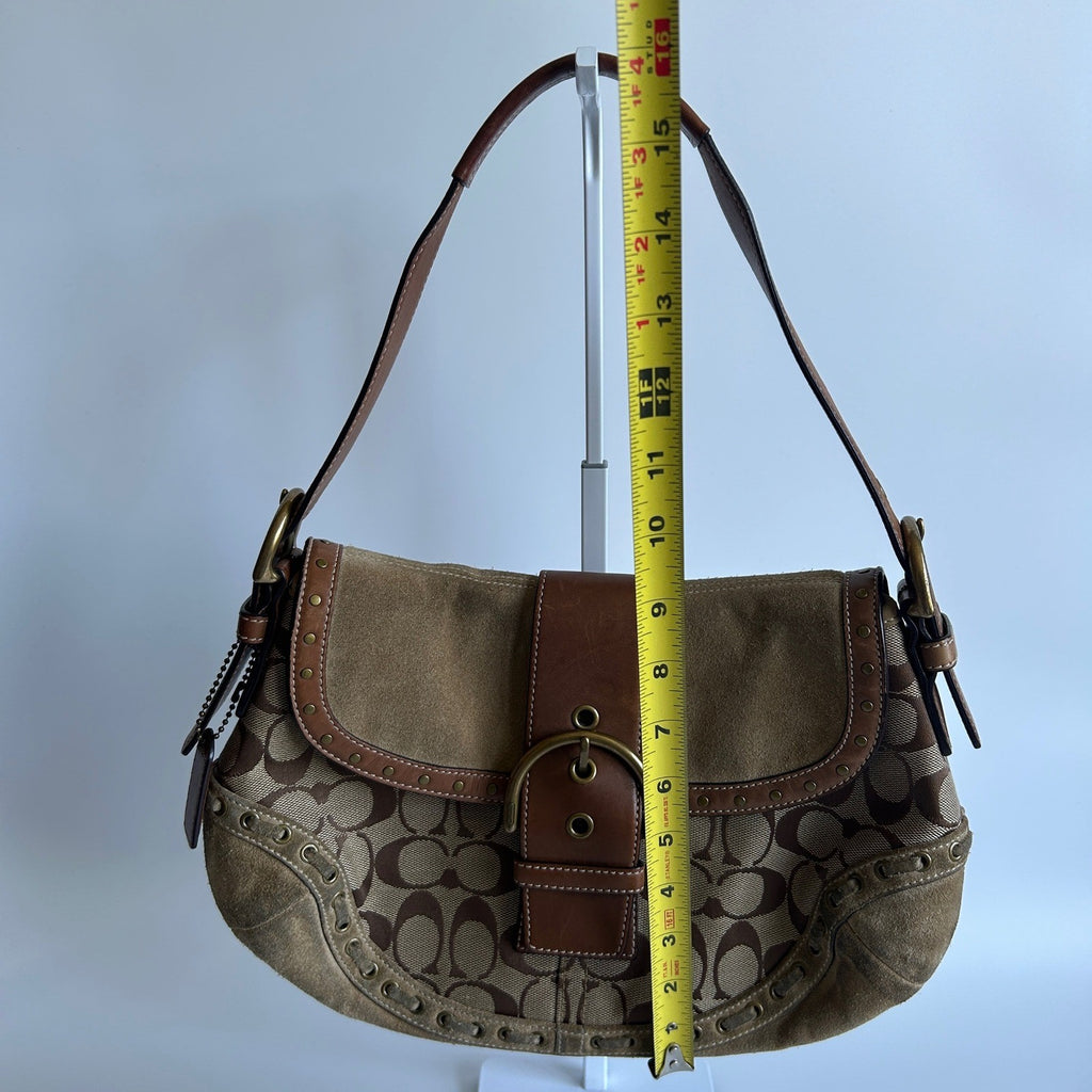 Coach Soho Signature Brown Canvas Suede Buckle Flap Shoulder Bag 9373 Good9