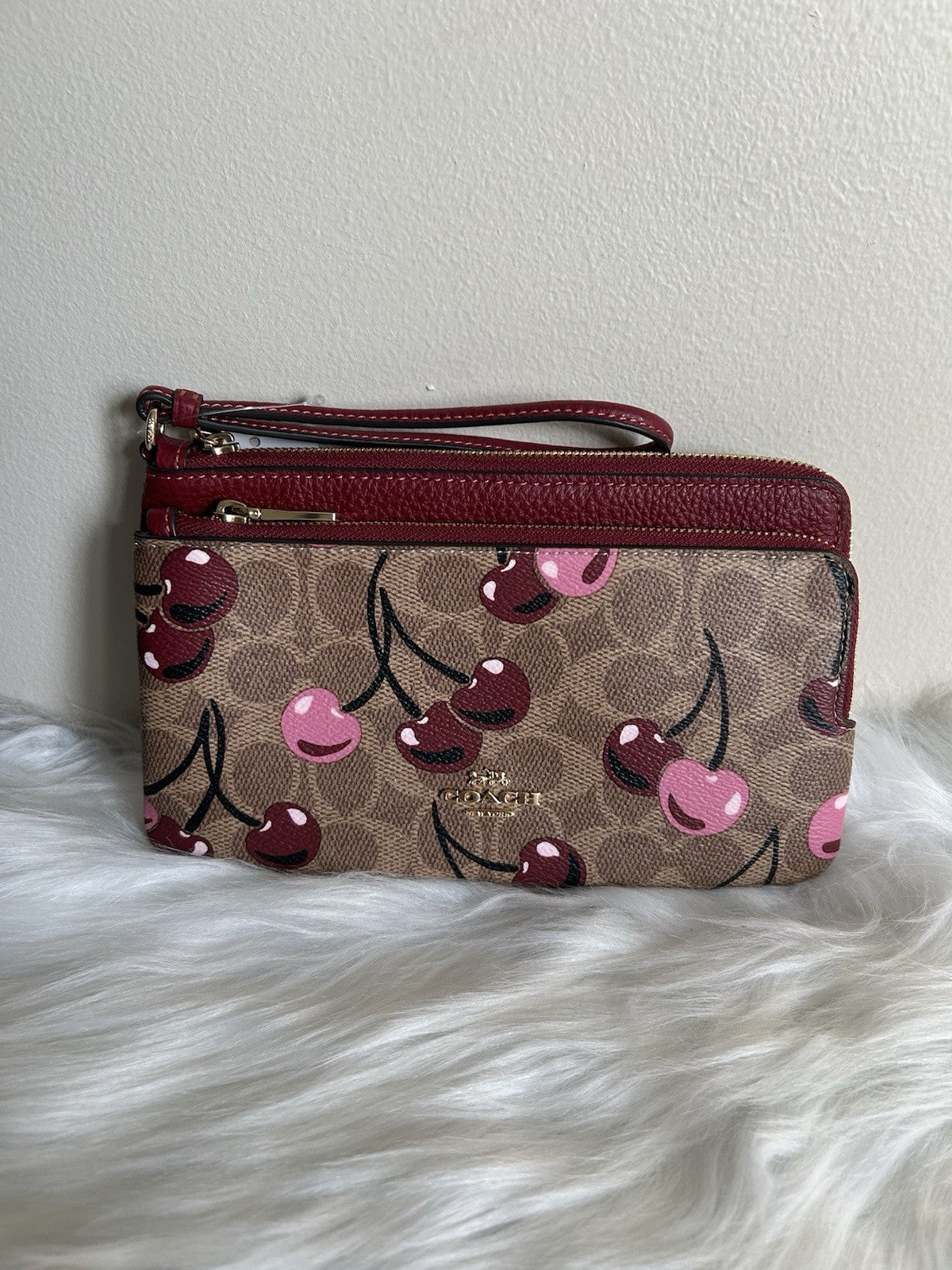Coach Double Zip Wallet Tan Multi Canvas Leather Wristlet NEW0