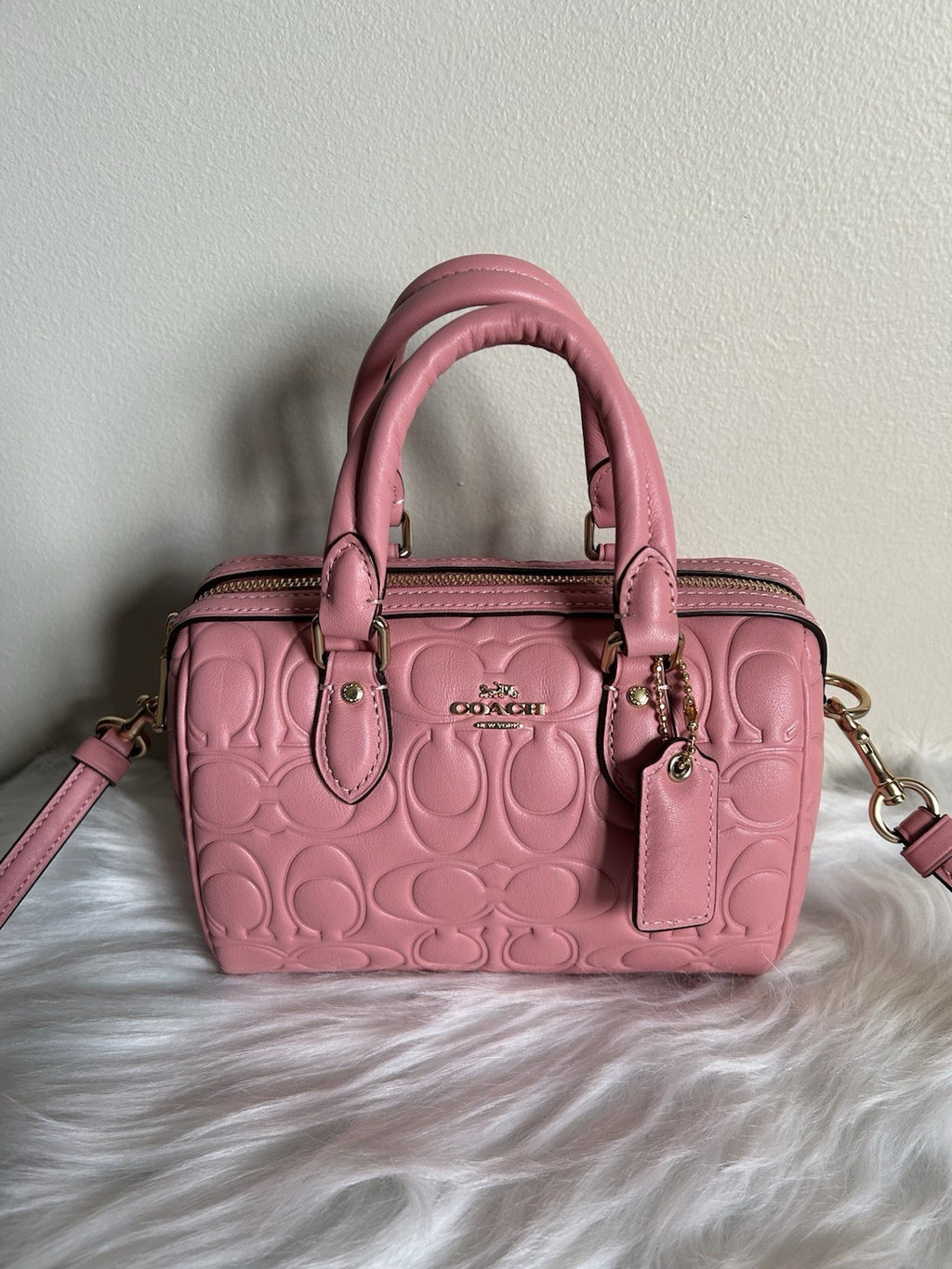 Coach Mini Rowan Light Blush Signature Embossed Leather Satchel NWT0