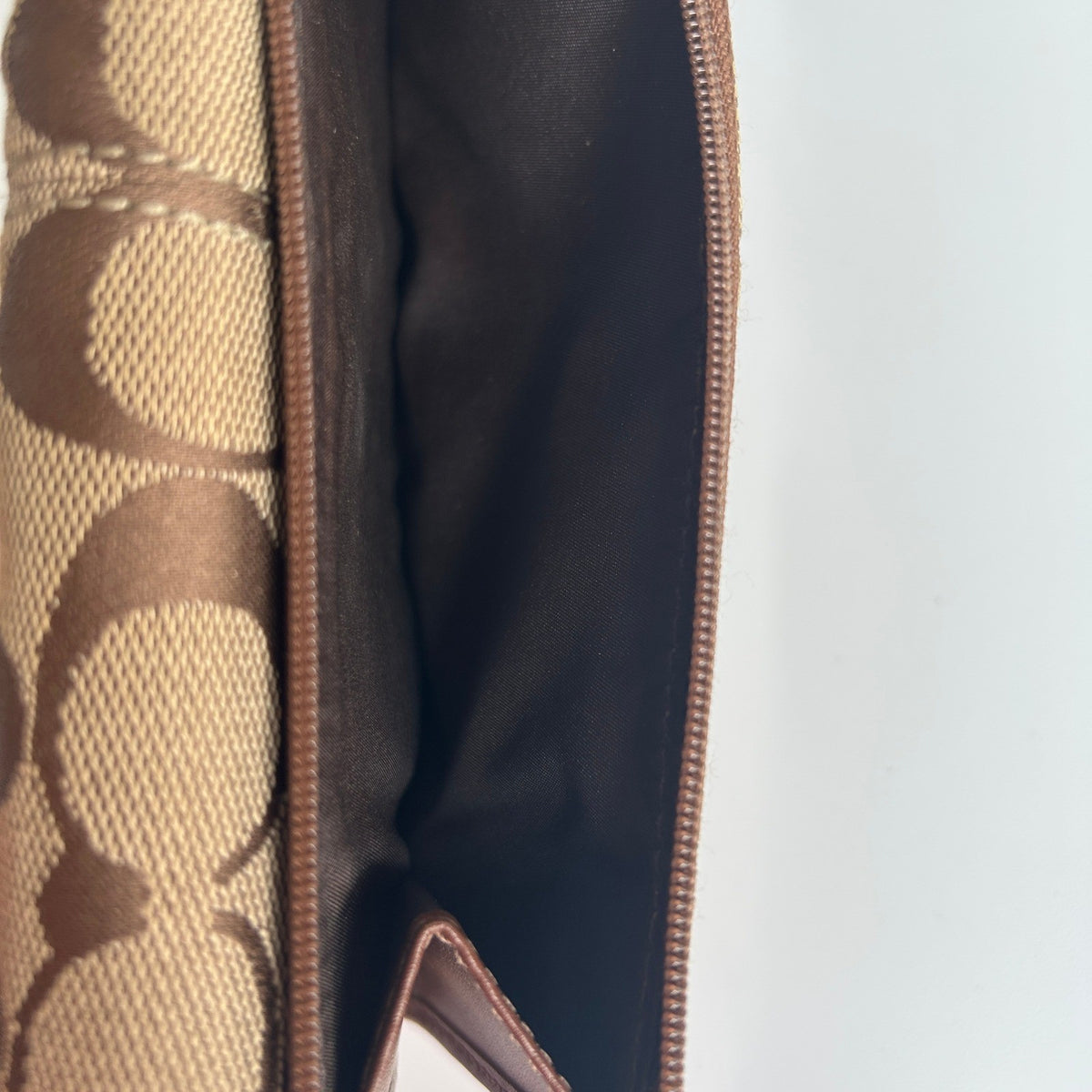 Coach Soho Khaki Brown Signature Jacquard Leather Trifold Wallet 42819 Good4