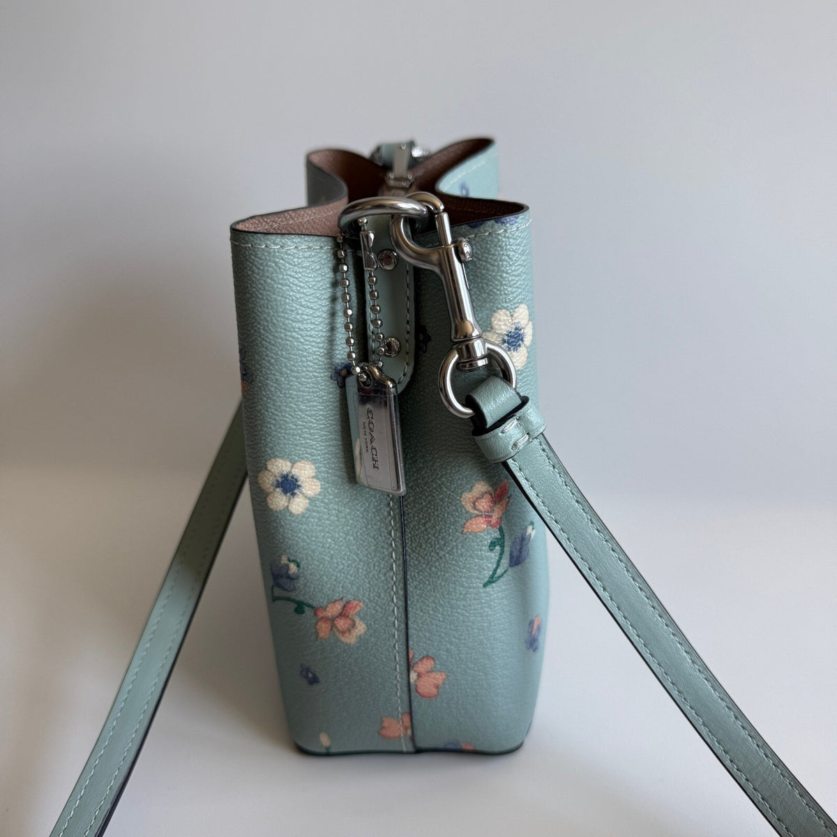 Coach Mini Town Bucket Bag Light Teal Floral Leather C8608 Crossbody