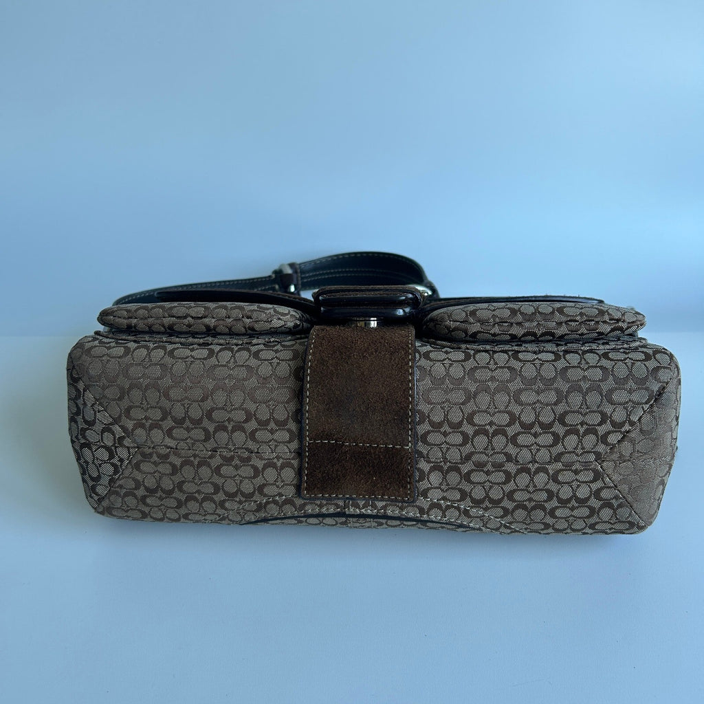 Coach Soho Brown Signature Canvas Suede Flap Bag F10925