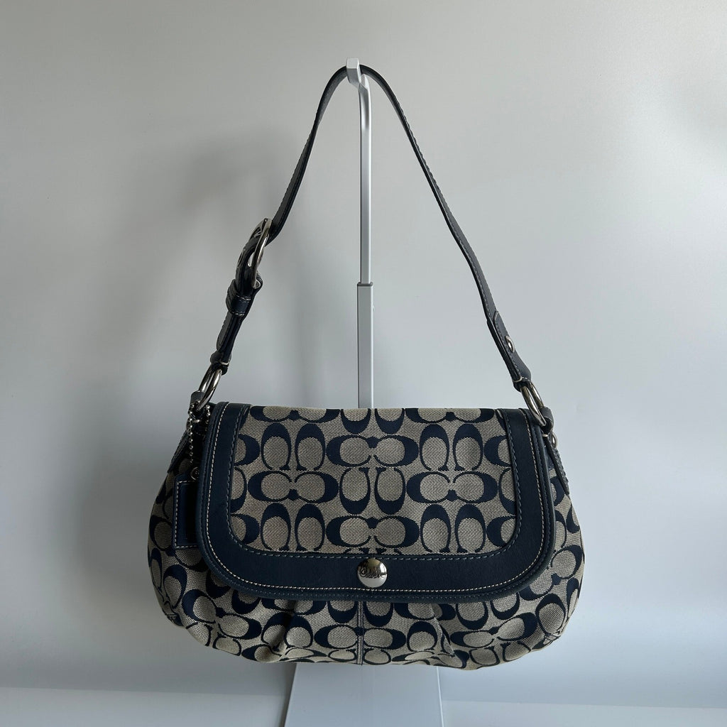 Coach Soho Pleated Flap Navy Gray Canvas Hobo Bag F13739