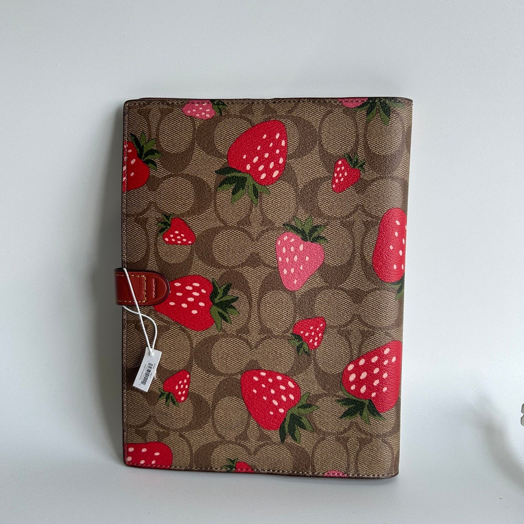 Coach Notebook Cover Signature Canvas Strawberry Print Brown Leather CH490