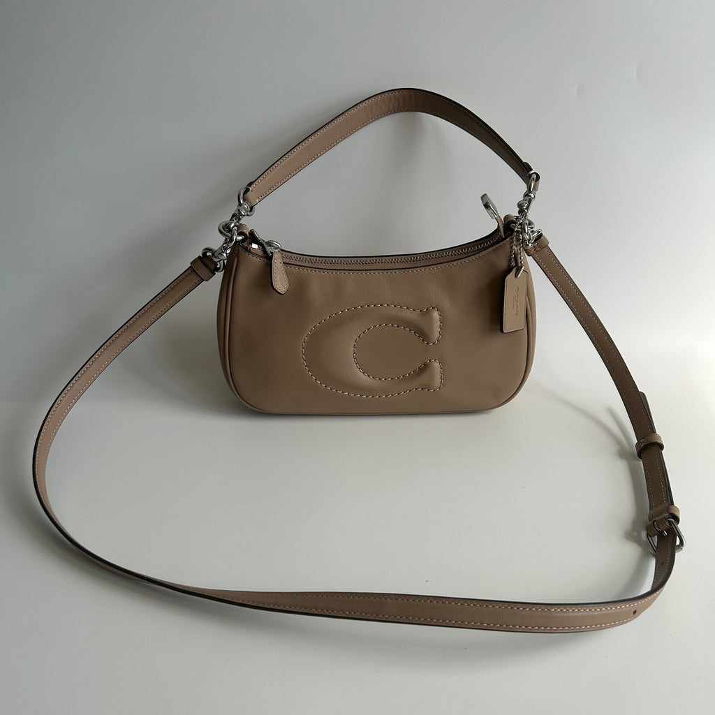 Coach Teri Shoulder Bag Taupe Beige Leather CR099 Debossed C Crossbody