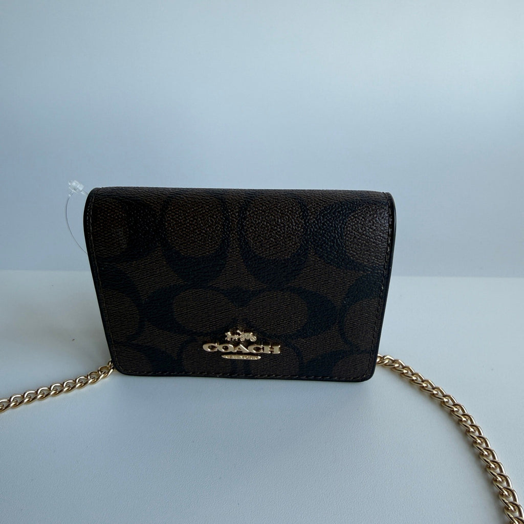 Coach Mini Wallet On A Chain Brown Black Signature Canvas Crossbody C0059
