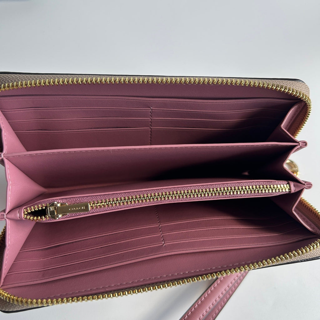 Coach Long Zip Around Wallet Khaki Berry Signature Canvas C4452