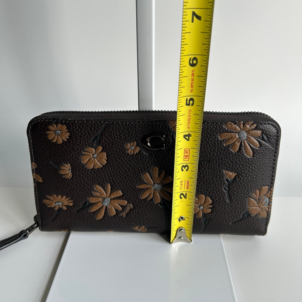 Coach Accordion Zip Wallet Pewter Pebble Leather Floral Print CE776