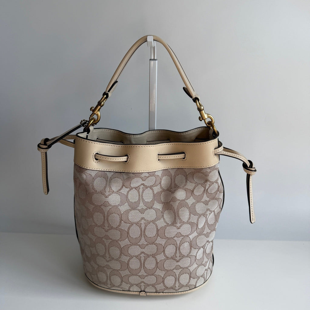 Coach Field Bucket Bag Stone Ivory Signature Jacquard Leather C3853