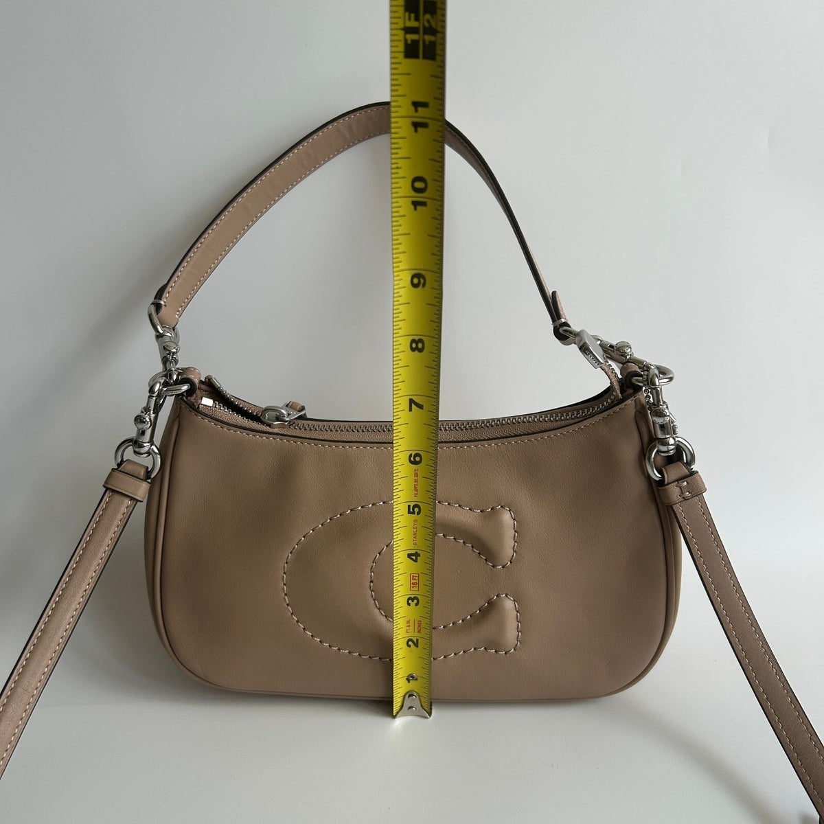 Coach Teri Shoulder Bag Taupe Beige Leather CR099 Debossed C Crossbody