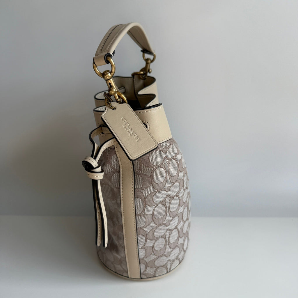 Coach Field Bucket Bag Stone Ivory Signature Jacquard Leather C3853